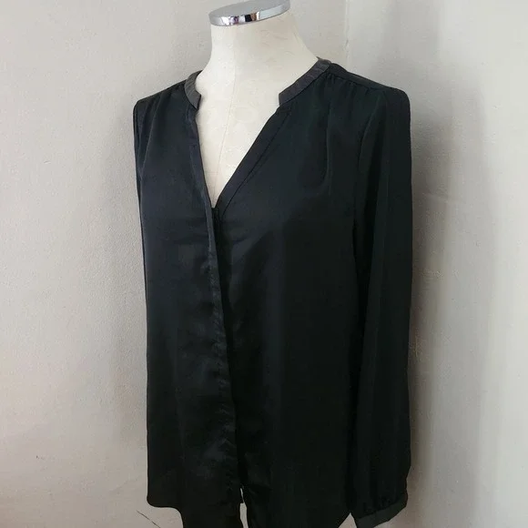 DKNY Black Satin Blouse with Faux Leather Trim Women's Size Small - Picture 5 of 5
